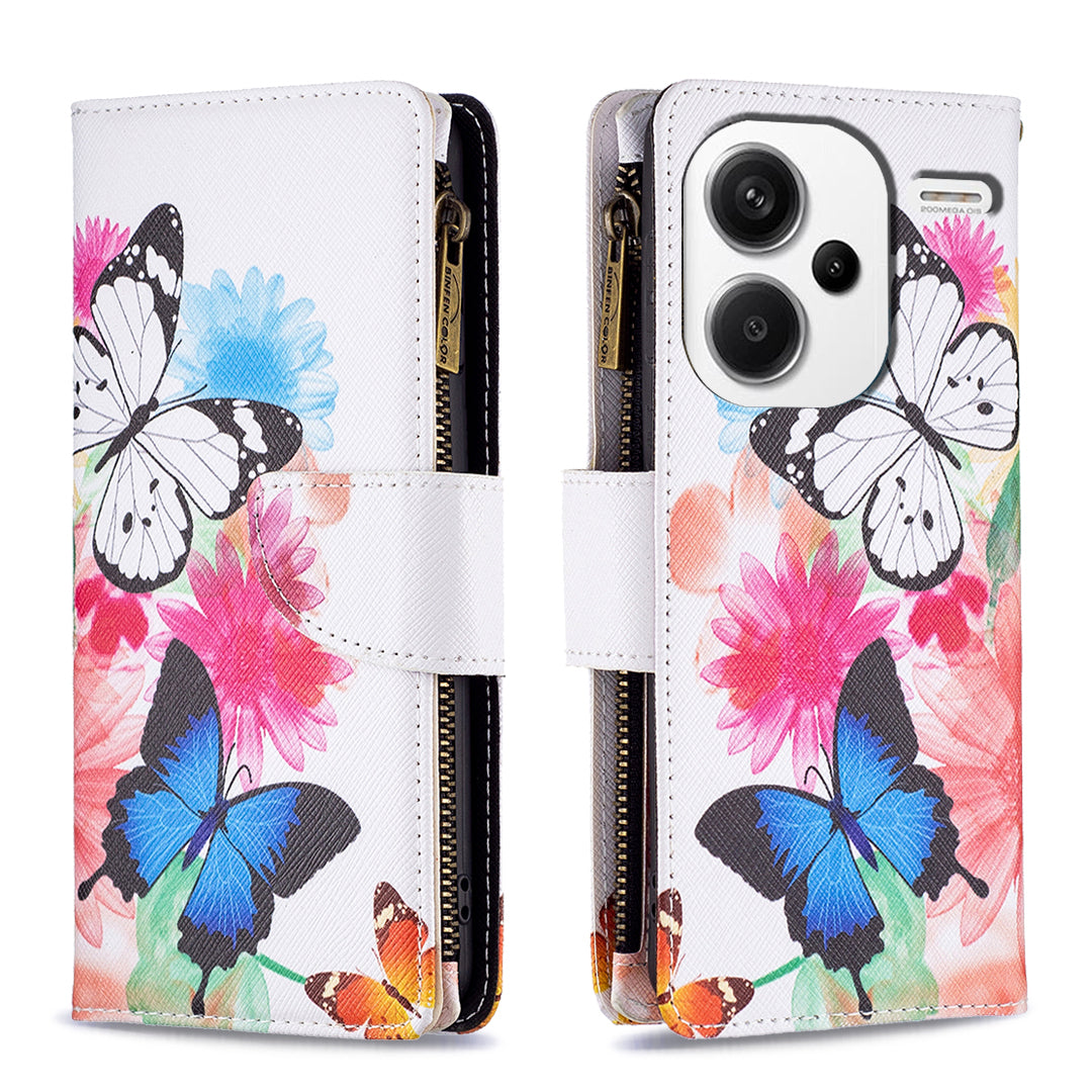 BF03 For Xiaomi Redmi Note 13 Pro+ 5G Wallet Case Pattern Zipper Pocket Handbag PU Leather Phone Cover - Two Butterflies