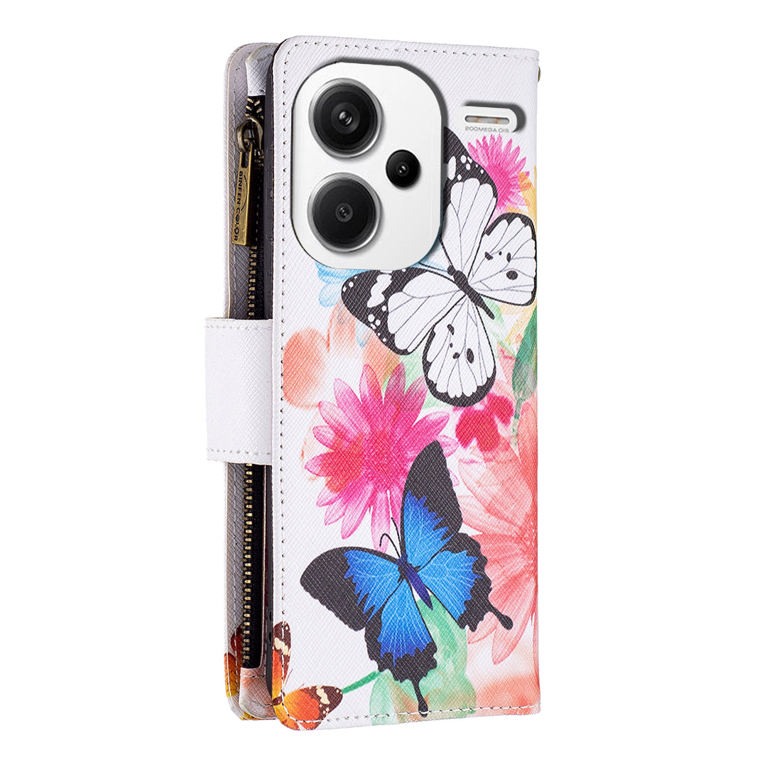 BF03 For Xiaomi Redmi Note 13 Pro+ 5G Wallet Case Pattern Zipper Pocket Handbag PU Leather Phone Cover - Two Butterflies