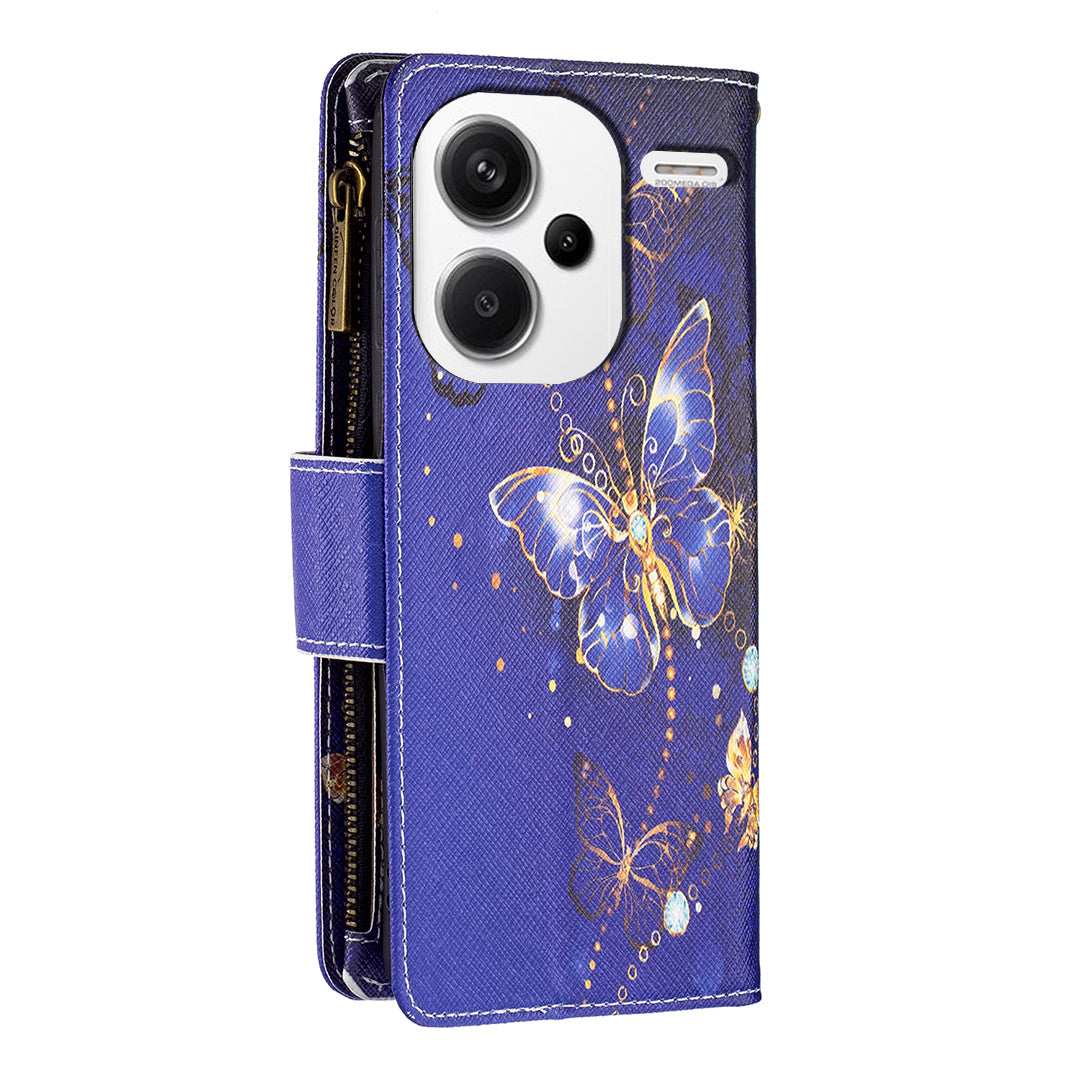 BF03 For Xiaomi Redmi Note 13 Pro+ 5G Wallet Case Pattern Zipper Pocket Handbag PU Leather Phone Cover - Purple Butterflies