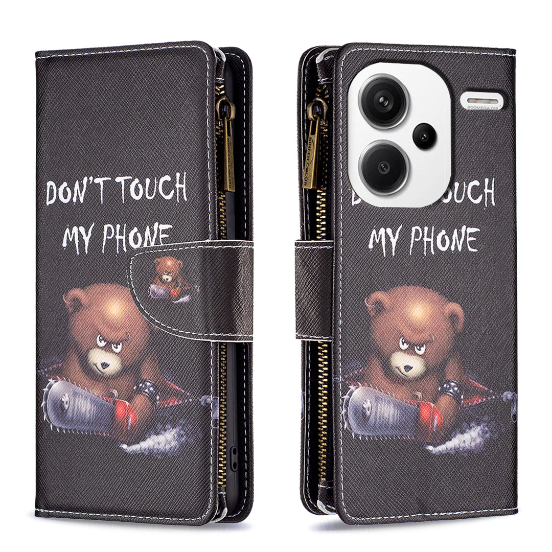 BF03 For Xiaomi Redmi Note 13 Pro+ 5G Wallet Case Pattern Zipper Pocket Handbag PU Leather Phone Cover - Bear