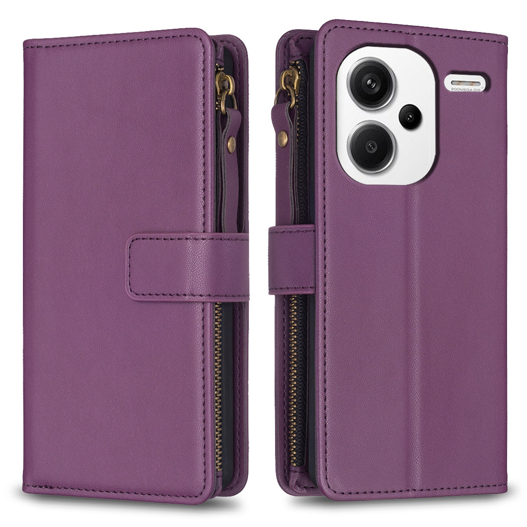 BF Style-19 for Xiaomi Redmi Note 13 Pro+ 5G Leather Wallet Case Zipper Pocket Stand Phone Cover - Dark Purple