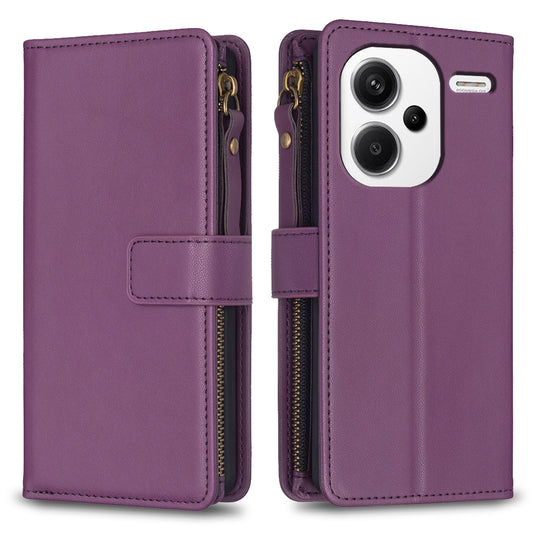 BF Style-19 for Xiaomi Redmi Note 13 Pro+ 5G Leather Wallet Case Zipper Pocket Stand Phone Cover - Dark Purple