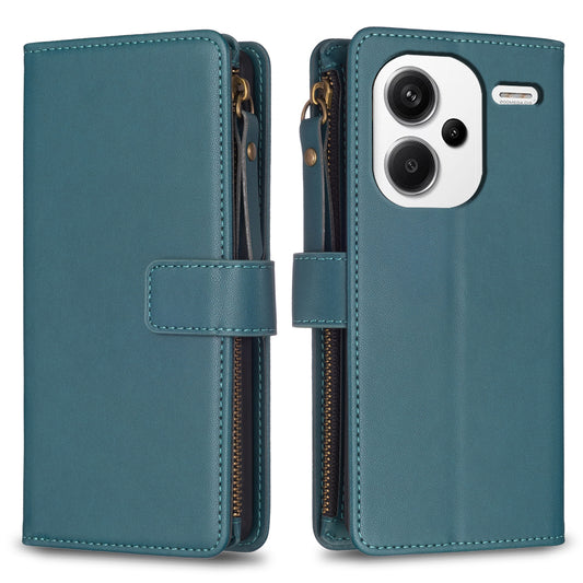 BF Style-19 for Xiaomi Redmi Note 13 Pro+ 5G Leather Wallet Case Zipper Pocket Stand Phone Cover - Green