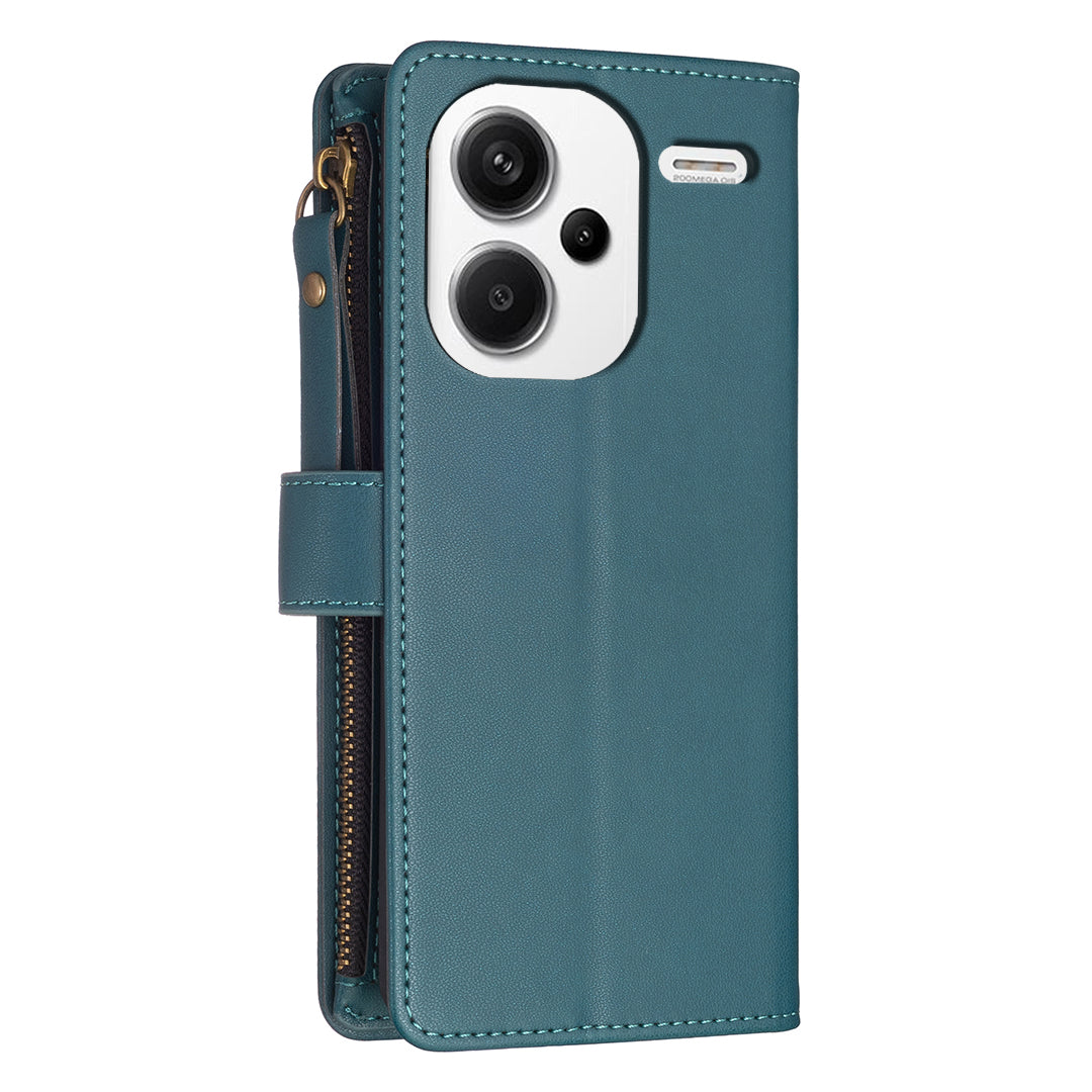 BF Style-19 for Xiaomi Redmi Note 13 Pro+ 5G Leather Wallet Case Zipper Pocket Stand Phone Cover - Green