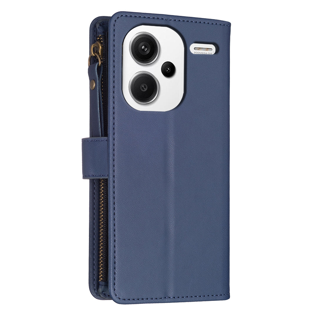BF Style-19 for Xiaomi Redmi Note 13 Pro+ 5G Leather Wallet Case Zipper Pocket Stand Phone Cover - Blue