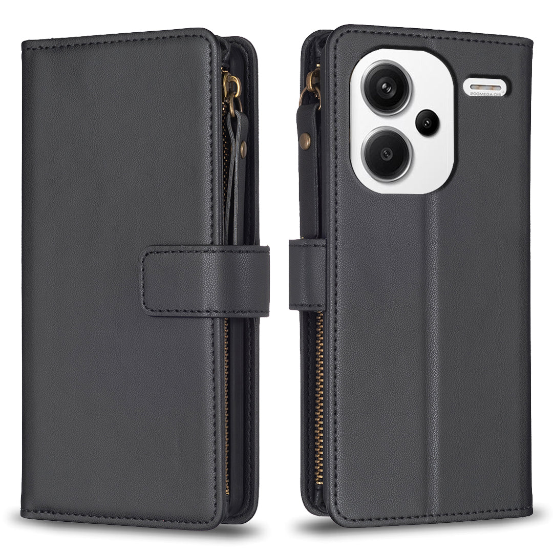 BF Style-19 for Xiaomi Redmi Note 13 Pro+ 5G Leather Wallet Case Zipper Pocket Stand Phone Cover - Black