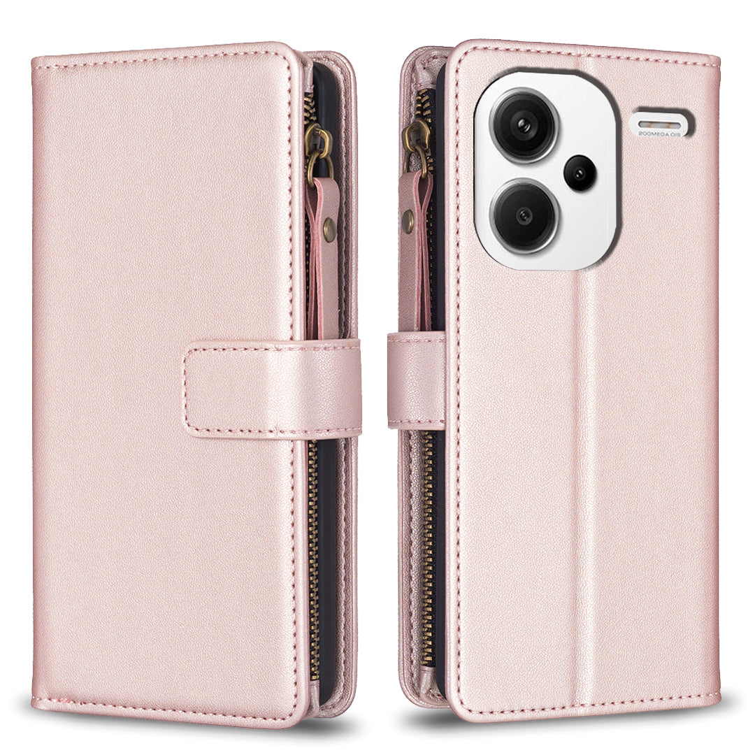 BF Style-19 for Xiaomi Redmi Note 13 Pro+ 5G Leather Wallet Case Zipper Pocket Stand Phone Cover - Rose Gold