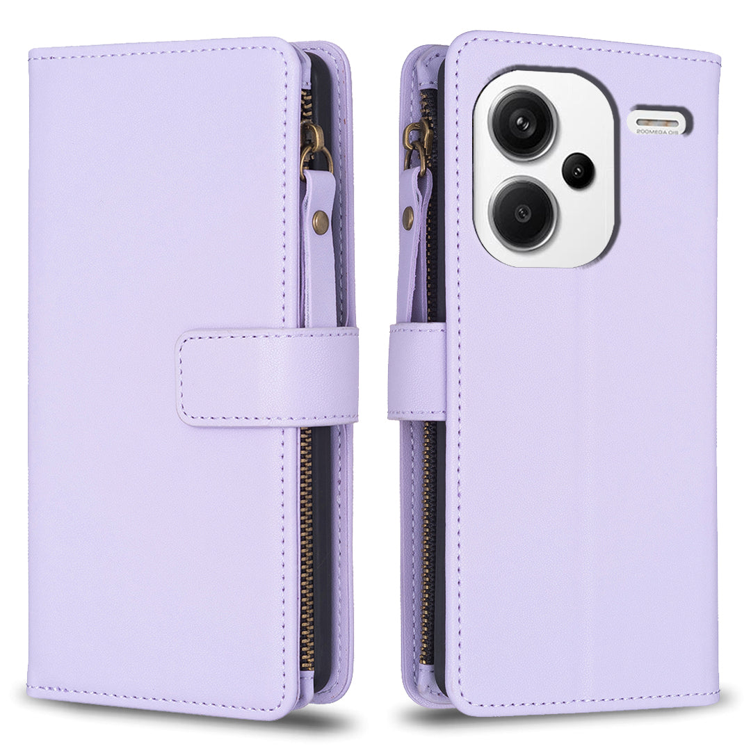 BF Style-19 for Xiaomi Redmi Note 13 Pro+ 5G Leather Wallet Case Zipper Pocket Stand Phone Cover - Purple
