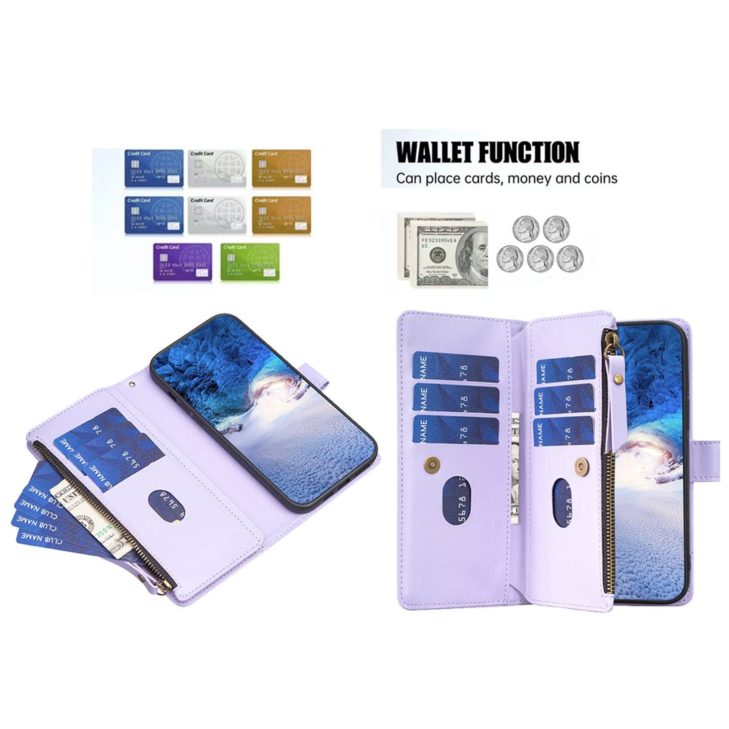 BF Style-19 for Xiaomi Redmi Note 13 Pro+ 5G Leather Wallet Case Zipper Pocket Stand Phone Cover - Purple