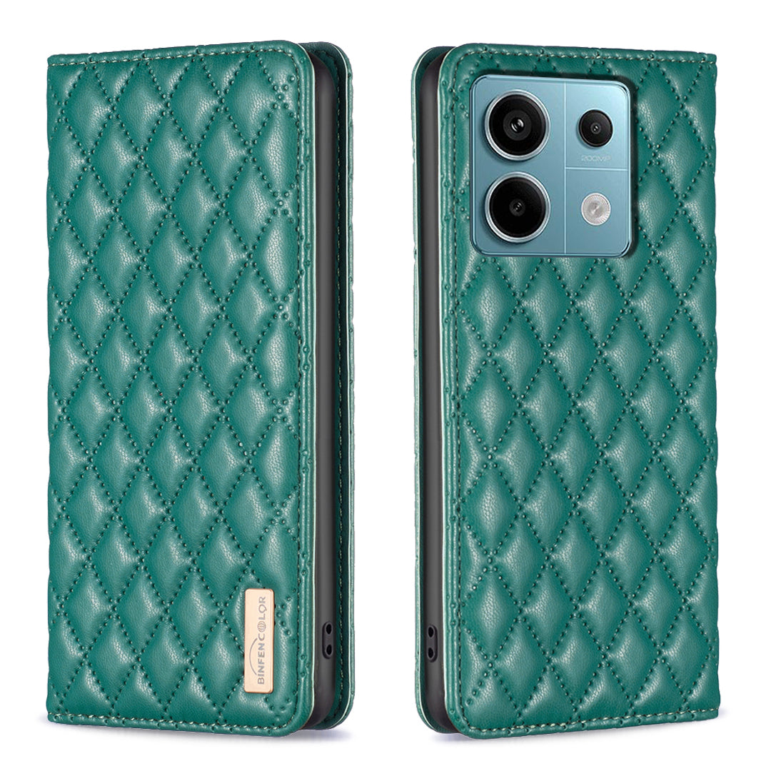 BINFEN COLOR BF Style-16 For Xiaomi Redmi Note 13 Pro 5G / Poco X6 5G Phone Case Rhombus Grid Viewing Stand Cover - Green