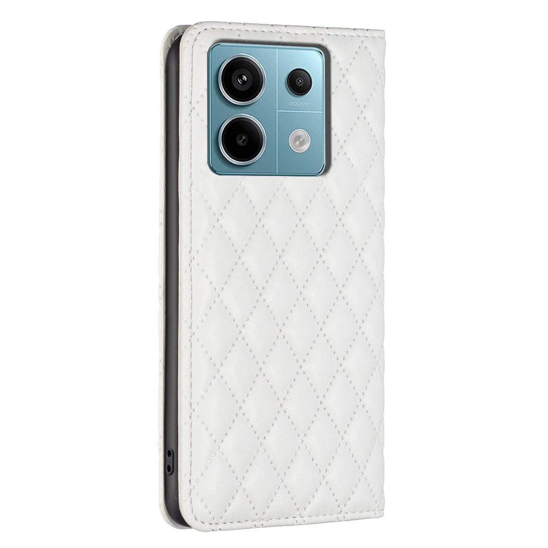 BINFEN COLOR BF Style-16 For Xiaomi Redmi Note 13 Pro 5G / Poco X6 5G Phone Case Rhombus Grid Viewing Stand Cover - White
