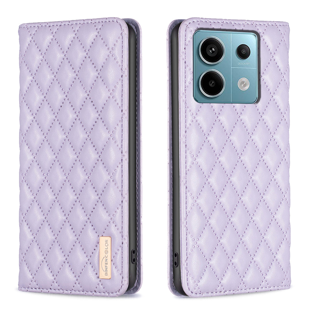 BINFEN COLOR BF Style-16 For Xiaomi Redmi Note 13 Pro 5G / Poco X6 5G Phone Case Rhombus Grid Viewing Stand Cover - Purple
