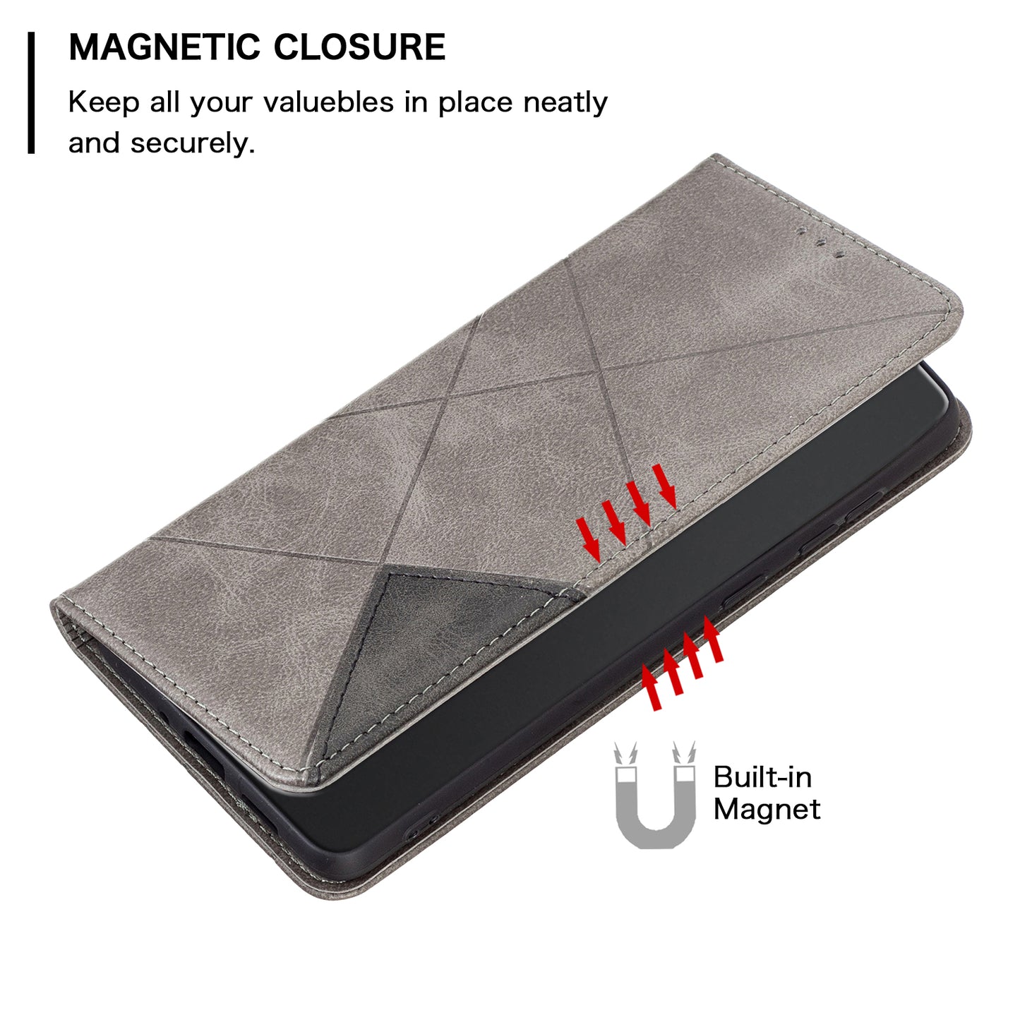 For Xiaomi Redmi Note 13 Pro 5G / Poco X6 5G PU Leather Case Stand Magnetic Closure Flip Phone Cover - Grey