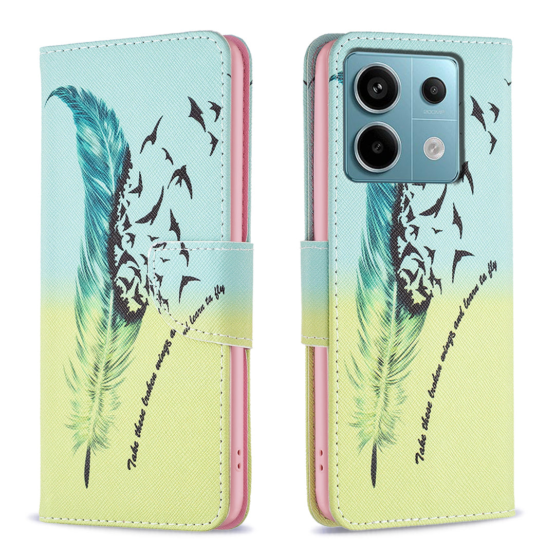 For Xiaomi Redmi Note 13 Pro 5G / Poco X6 5G Wallet Case Pattern Folio Leather Cell Phone Cover - Feather and Birds