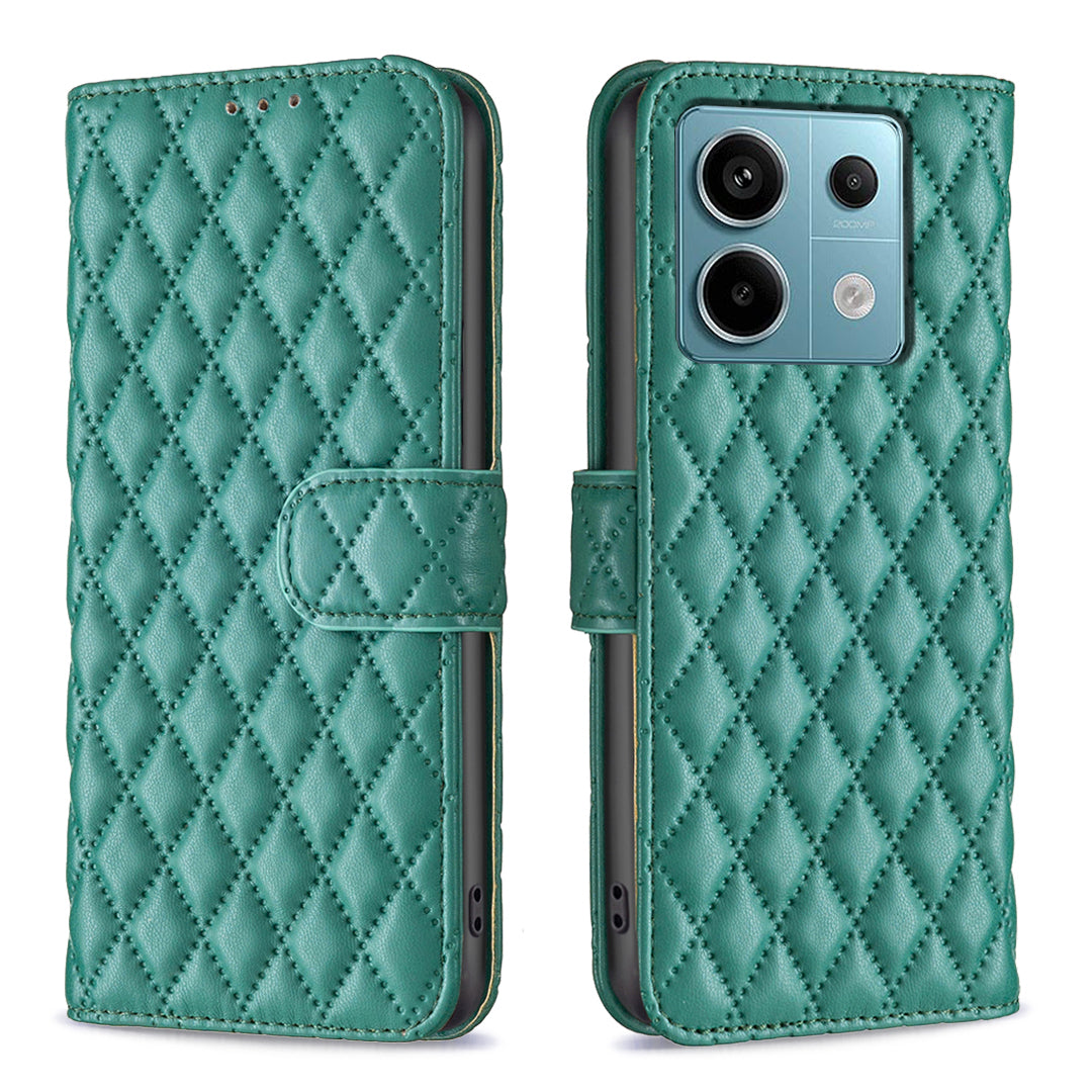 BINFEN COLOR BF Style-14 For Xiaomi Redmi Note 13 Pro 5G / Poco X6 5G Rhombus Case PU Leather Folio Flip Cover - Green