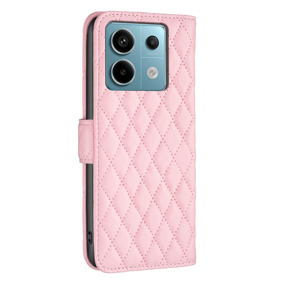 BINFEN COLOR BF Style-14 For Xiaomi Redmi Note 13 Pro 5G / Poco X6 5G Rhombus Case PU Leather Folio Flip Cover - Pink