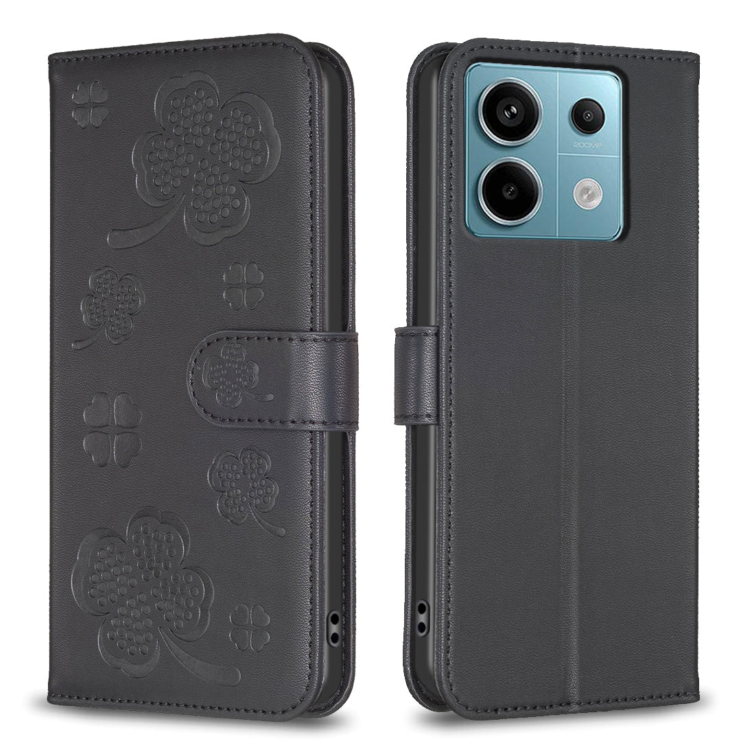 For Xiaomi Redmi Note 13 Pro 5G / Poco X6 5G Leather Case Lucky Clover Pattern Protection Shell Phone Cover - Black