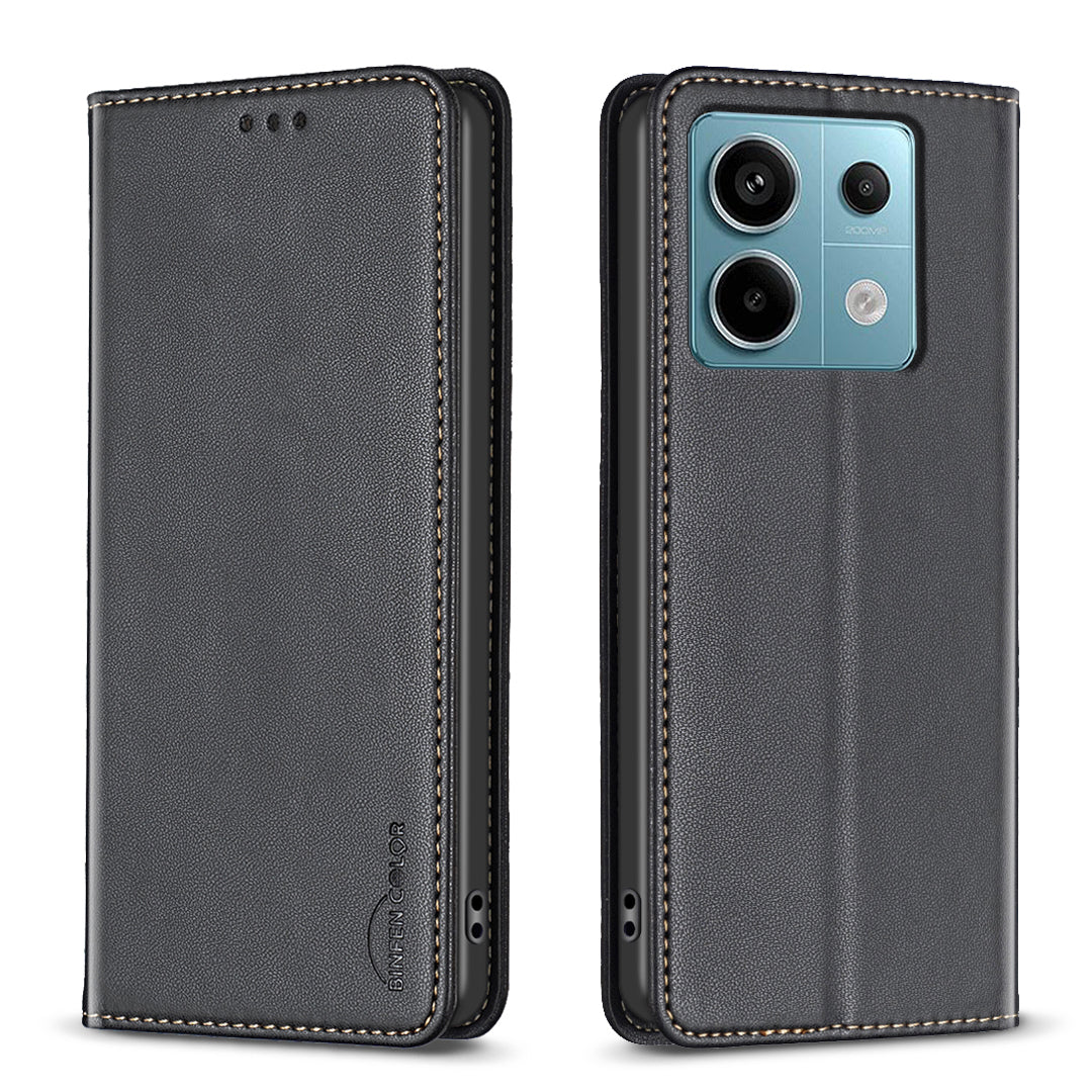 BINFEN COLOR BF18 For Xiaomi Redmi Note 13 Pro 5G / Poco X6 5G PU Leather Case Magnetic Auto-absorbed Phone Cover - Black