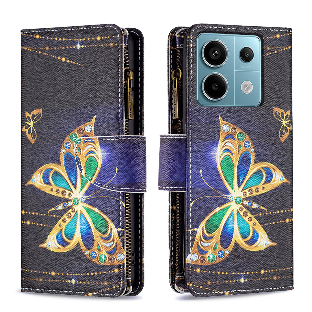 BF03 For Xiaomi Redmi Note 13 Pro 5G / Poco X6 5G Zipper Wallet Case PU Leather Pattern Printing Phone Cover - Rhinestone Butterfly