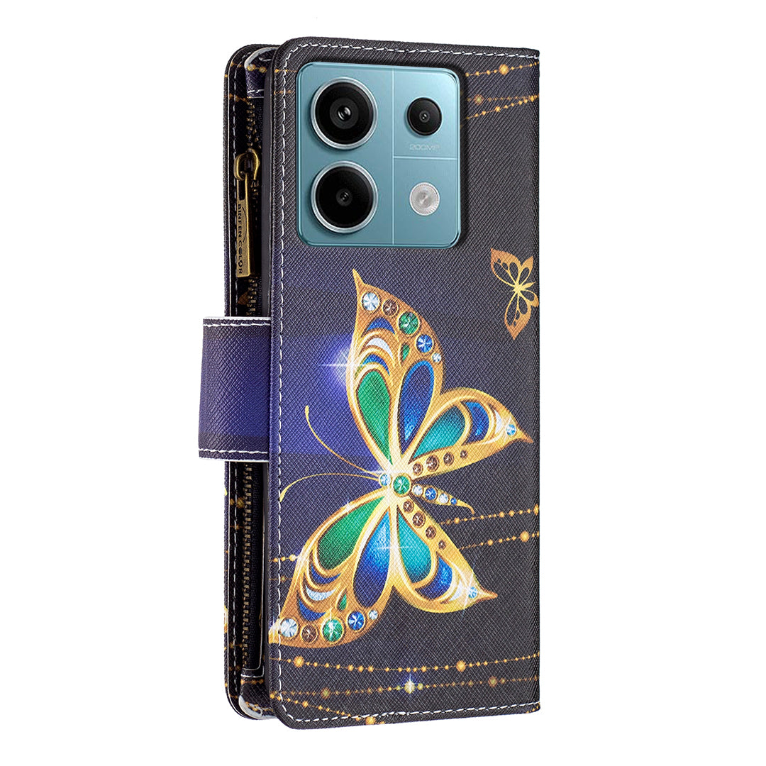 BF03 For Xiaomi Redmi Note 13 Pro 5G / Poco X6 5G Zipper Wallet Case PU Leather Pattern Printing Phone Cover - Rhinestone Butterfly