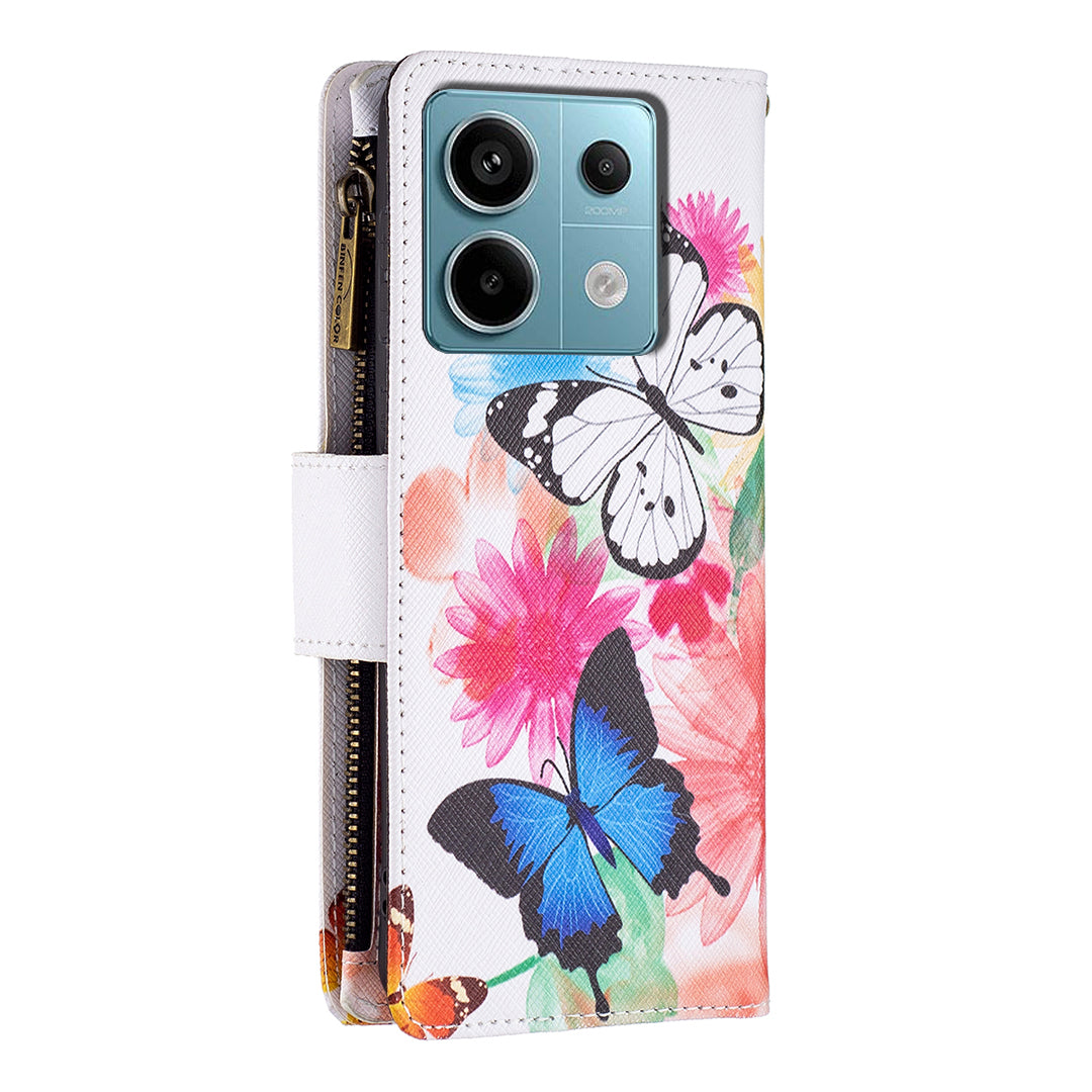 BF03 For Xiaomi Redmi Note 13 Pro 5G / Poco X6 5G Zipper Wallet Case PU Leather Pattern Printing Phone Cover - Two Butterflies