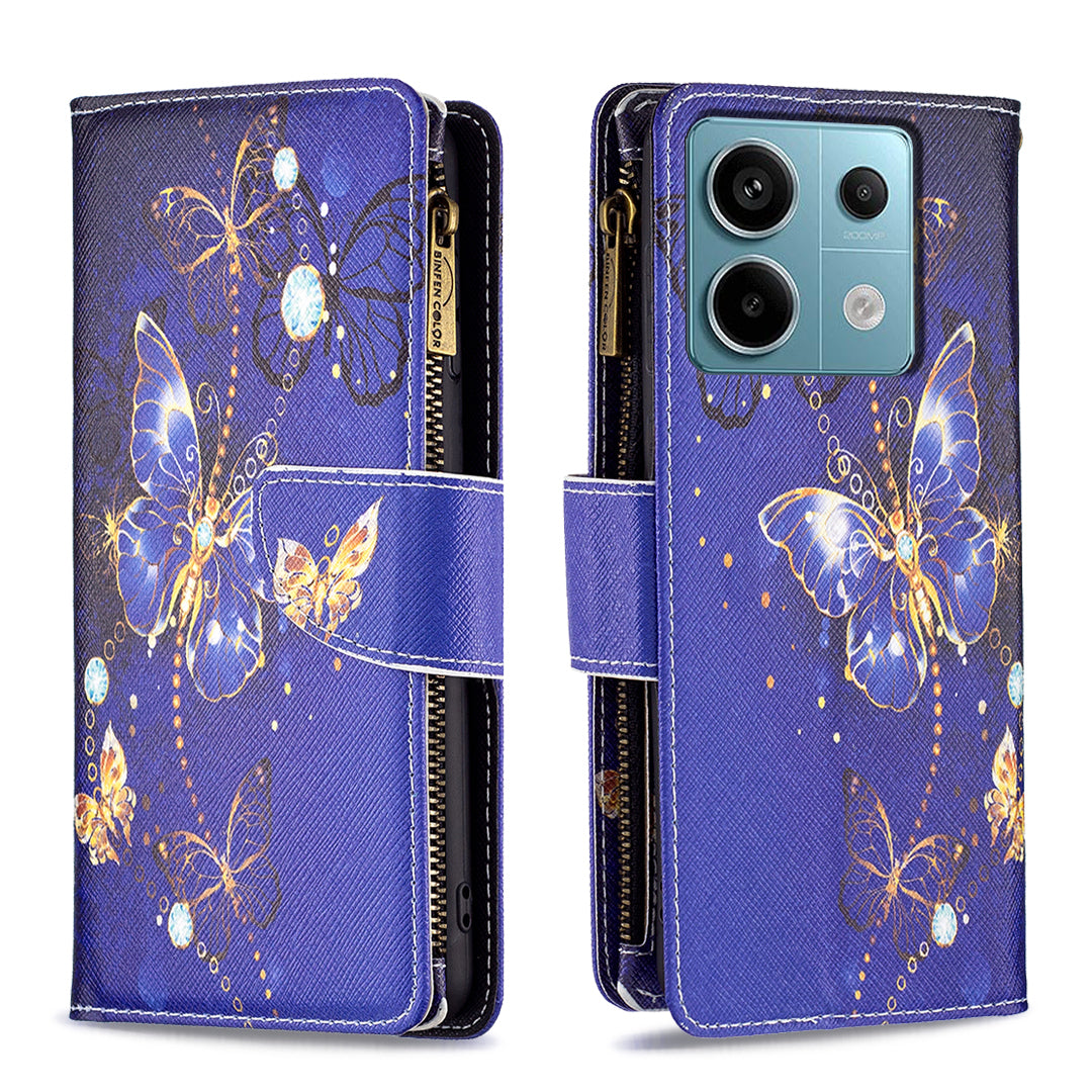 BF03 For Xiaomi Redmi Note 13 Pro 5G / Poco X6 5G Zipper Wallet Case PU Leather Pattern Printing Phone Cover - Purple Butterflies