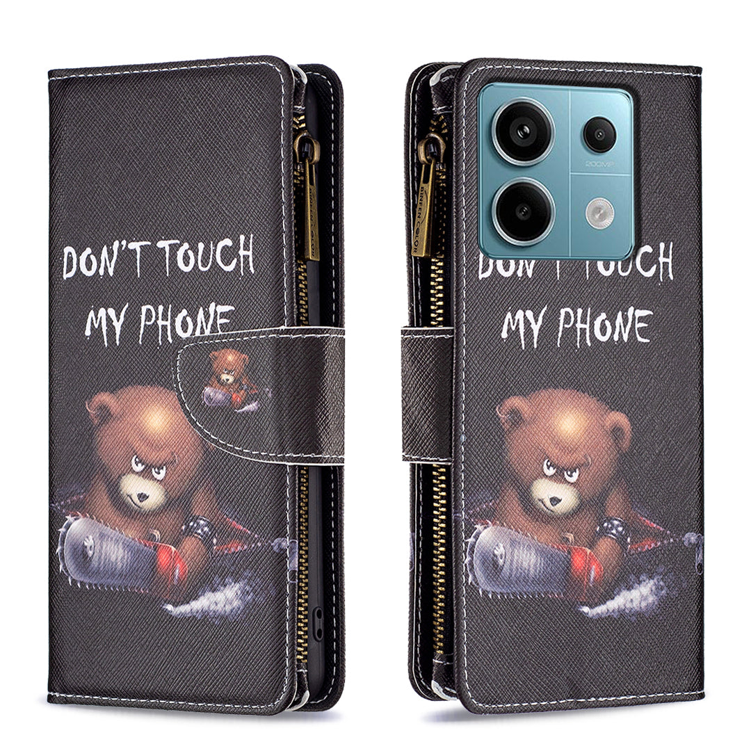 BF03 For Xiaomi Redmi Note 13 Pro 5G / Poco X6 5G Zipper Wallet Case PU Leather Pattern Printing Phone Cover - Bear