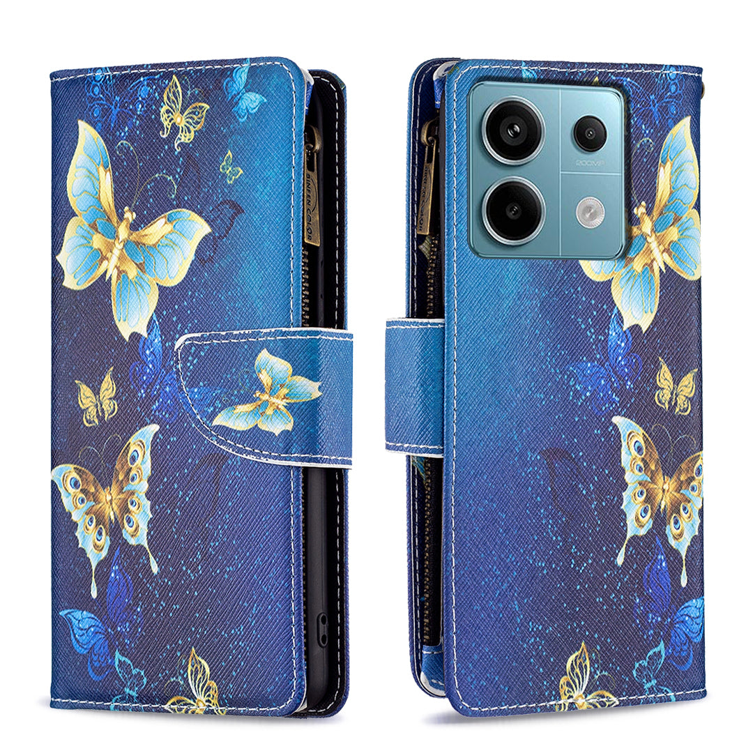 BF03 For Xiaomi Redmi Note 13 Pro 5G / Poco X6 5G Zipper Wallet Case PU Leather Pattern Printing Phone Cover - Golden Butterflies