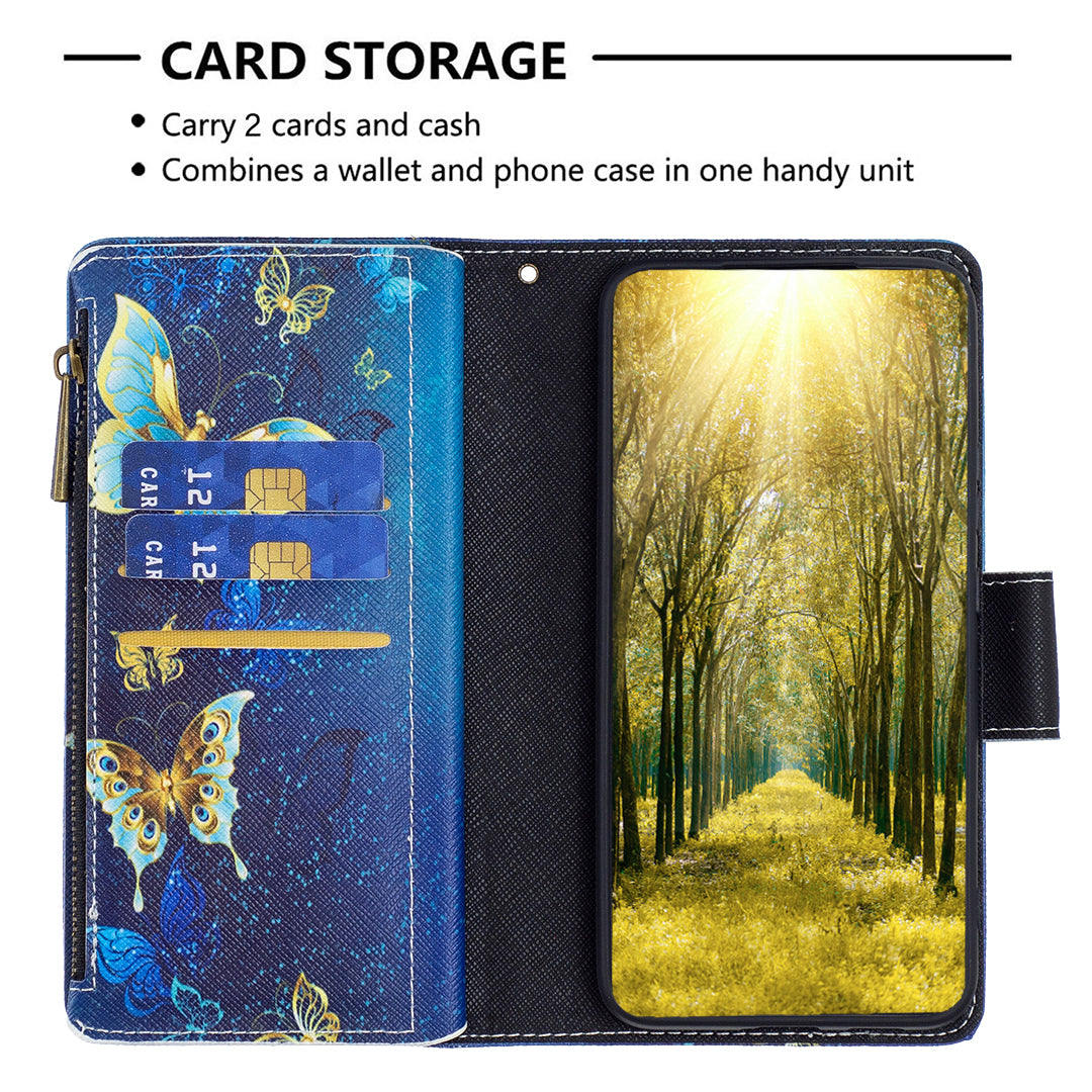 BF03 For Xiaomi Redmi Note 13 Pro 5G / Poco X6 5G Zipper Wallet Case PU Leather Pattern Printing Phone Cover - Golden Butterflies