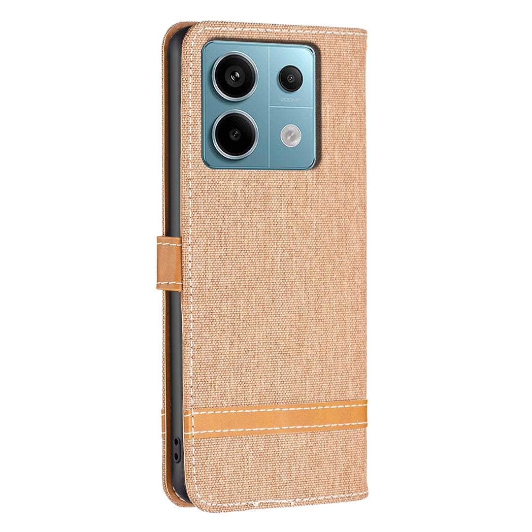For Xiaomi Redmi Note 13 Pro 5G / Poco X6 5G Case Jeans Cloth Splicing Leather Phone Cover - Brown