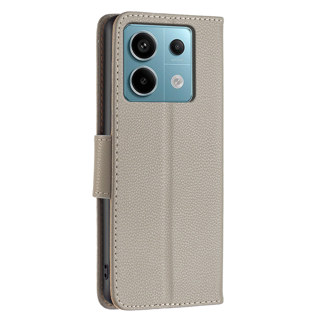 For Xiaomi Redmi Note 13 Pro 5G / Poco X6 5G Phone Case Solid Color PU Leather Stand View Cover Litchi Texture - Grey