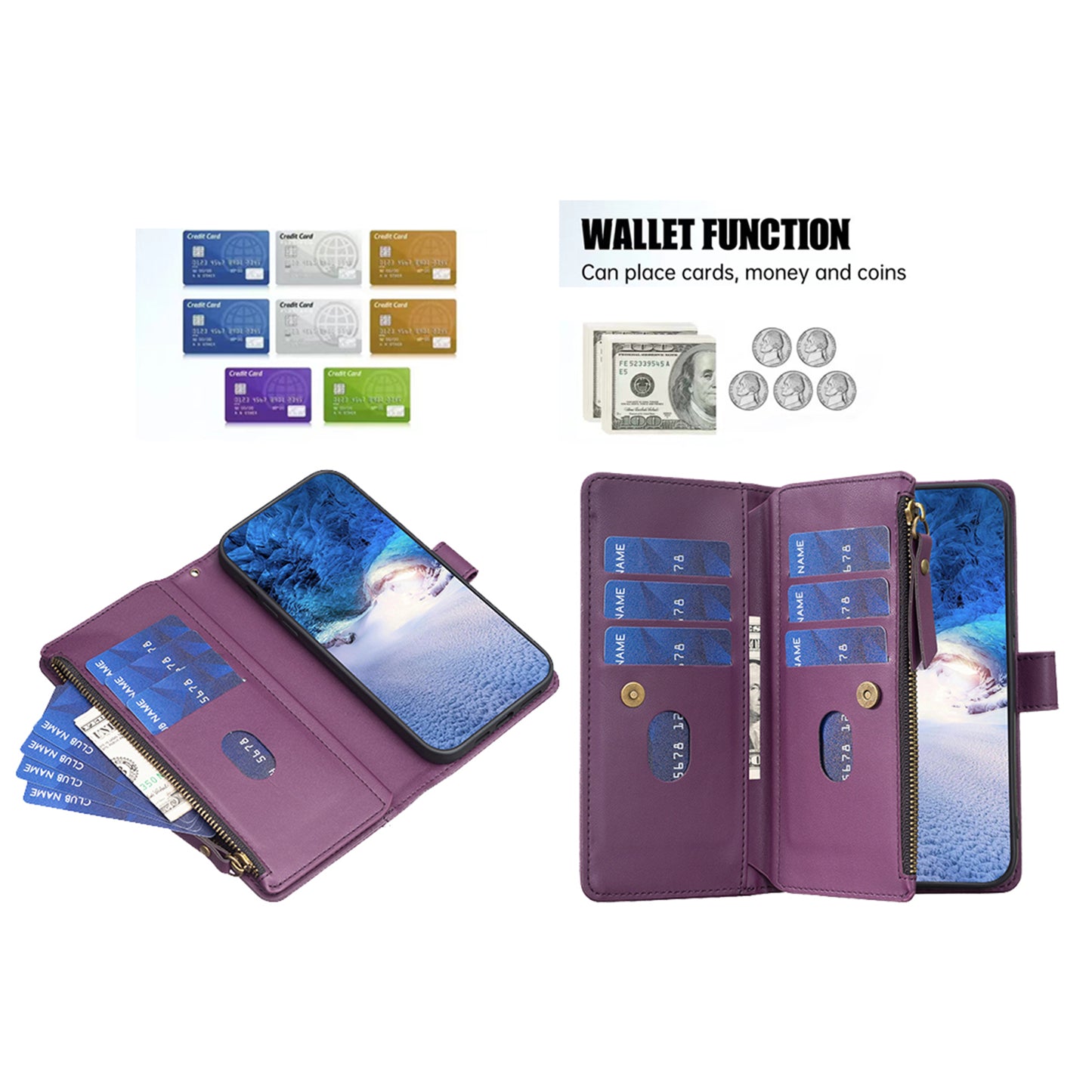 BF Style-19 for Xiaomi Redmi Note 13 Pro 5G / Poco X6 5G Leather Case Card Holder Zipper Pocket Phone Cover - Dark Purple