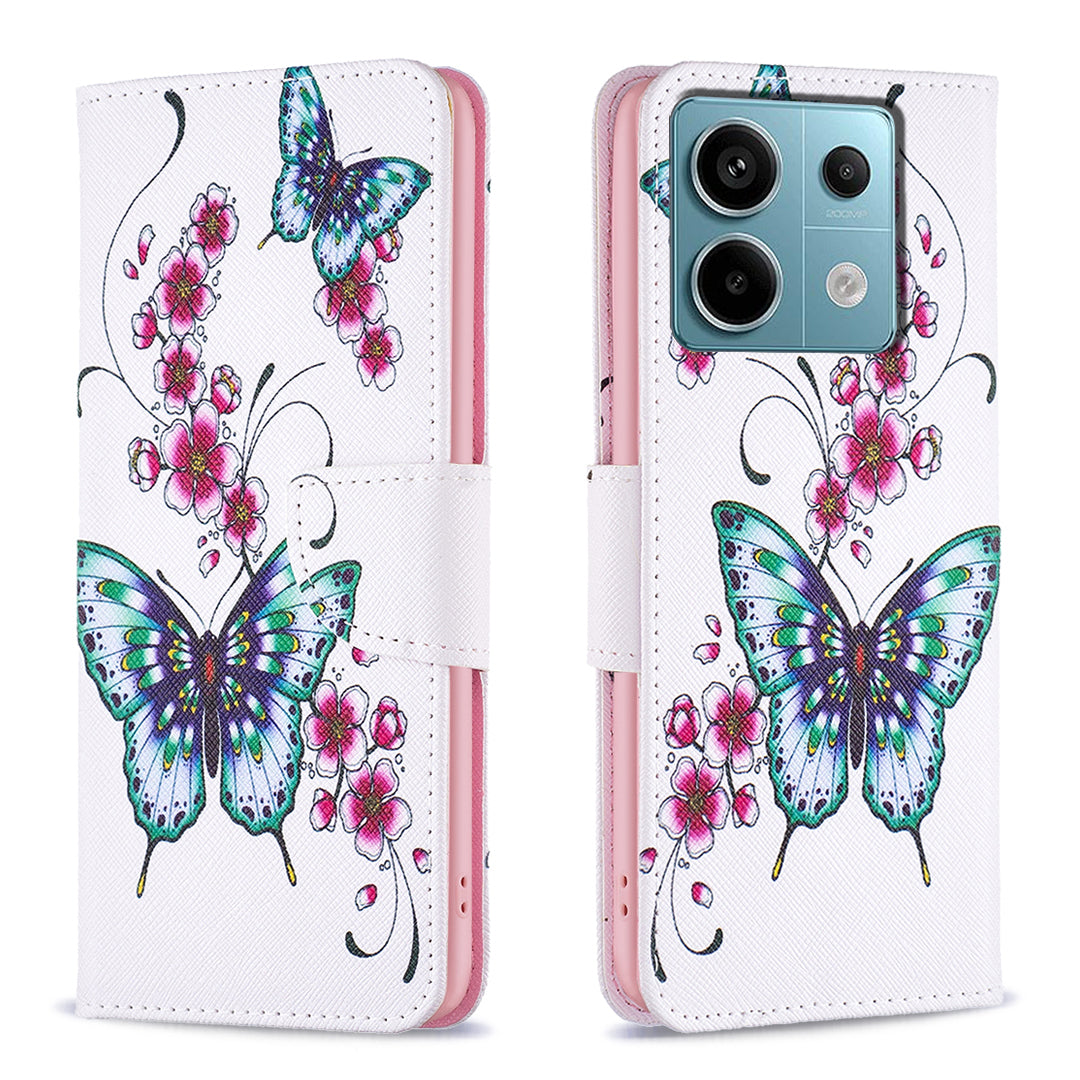For Xiaomi Redmi Note 13 Pro 5G / Poco X6 5G Case Leather Cover with Wallet Pattern Printing - Peach Blossom and Butterflies