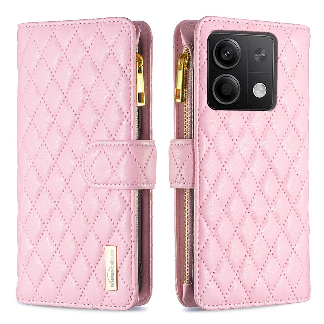 BINFEN COLOR BF Style-15 For Xiaomi Redmi Note 13 5G Zipper Leather Case Rhombus Handbag Phone Cover - Pink