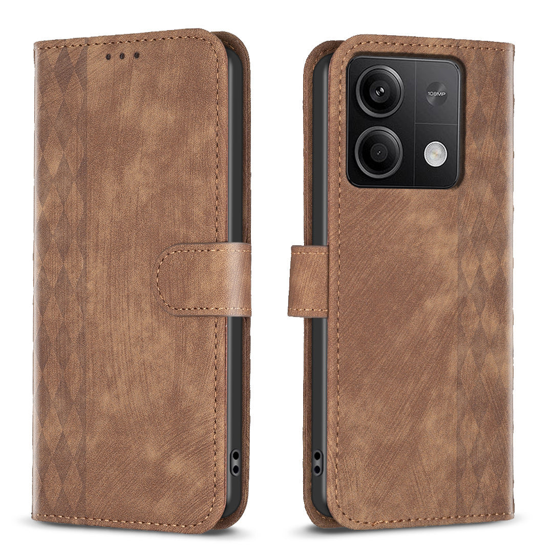 For Xiaomi Redmi Note 13 5G Leather Case Grid Pattern Folio Wallet Phone Cover - Brown