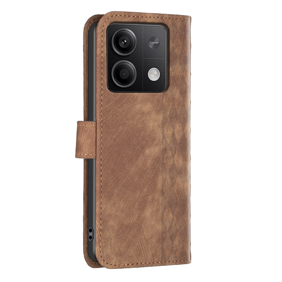 For Xiaomi Redmi Note 13 5G Leather Case Grid Pattern Folio Wallet Phone Cover - Brown