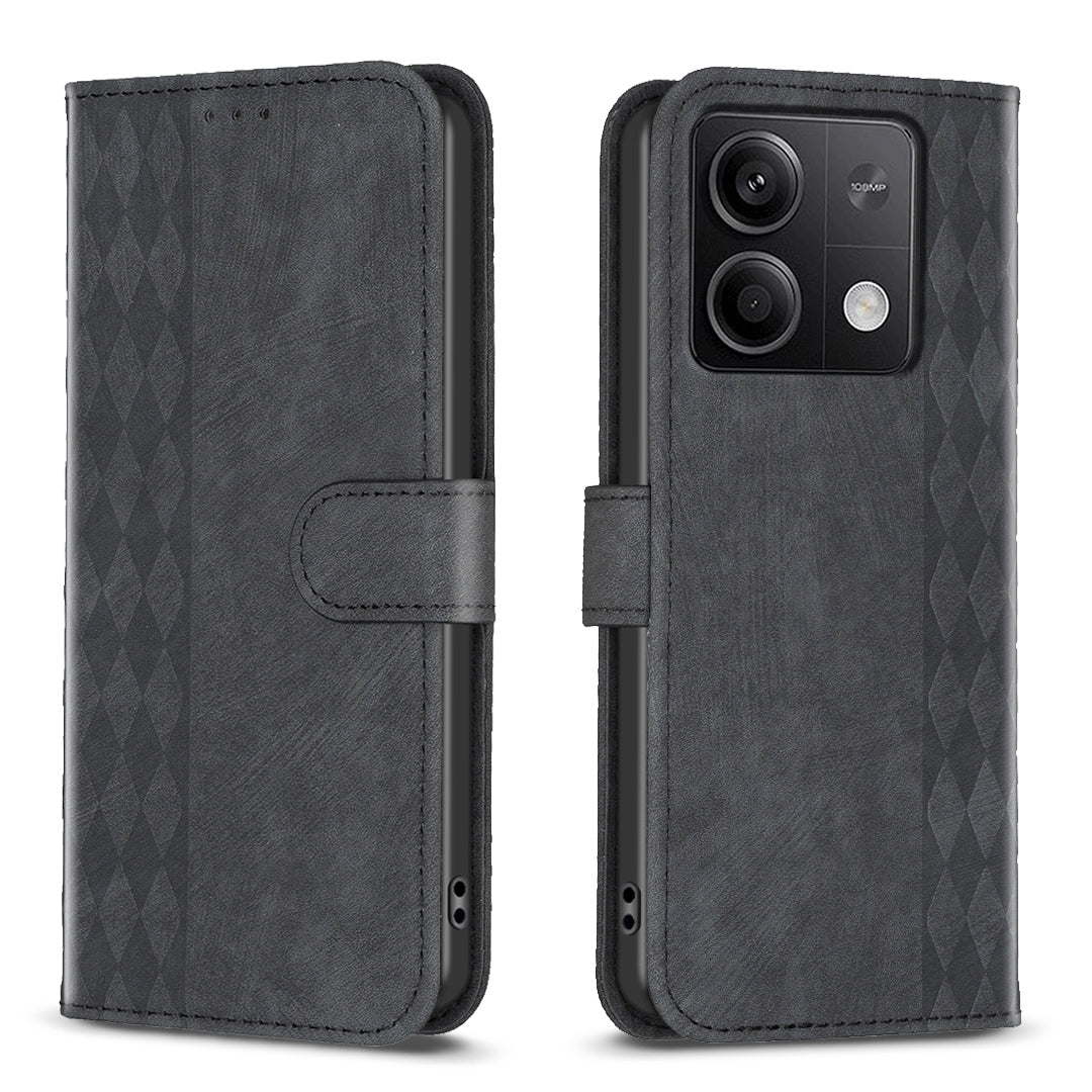 For Xiaomi Redmi Note 13 5G Leather Case Grid Pattern Folio Wallet Phone Cover - Black