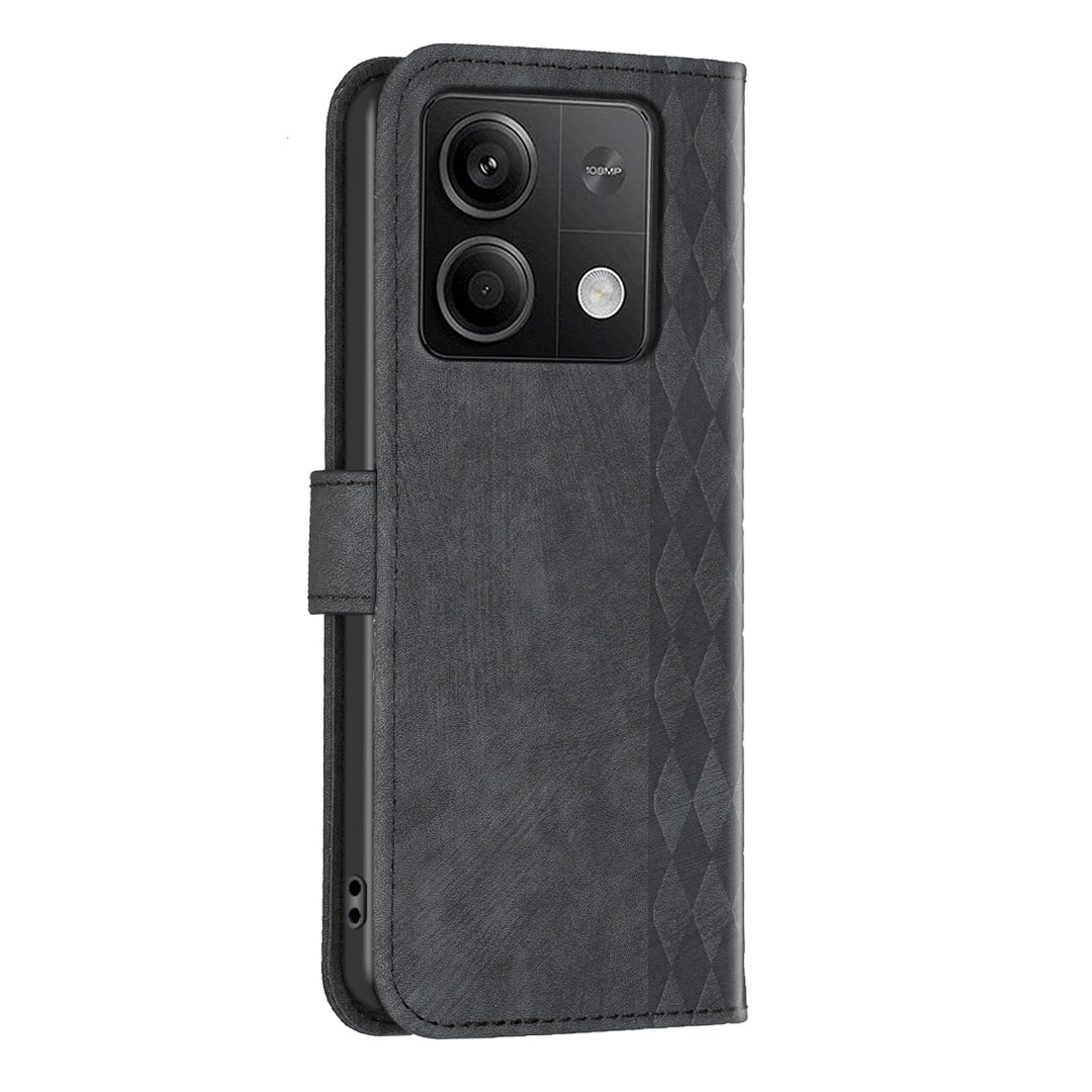 For Xiaomi Redmi Note 13 5G Leather Case Grid Pattern Folio Wallet Phone Cover - Black