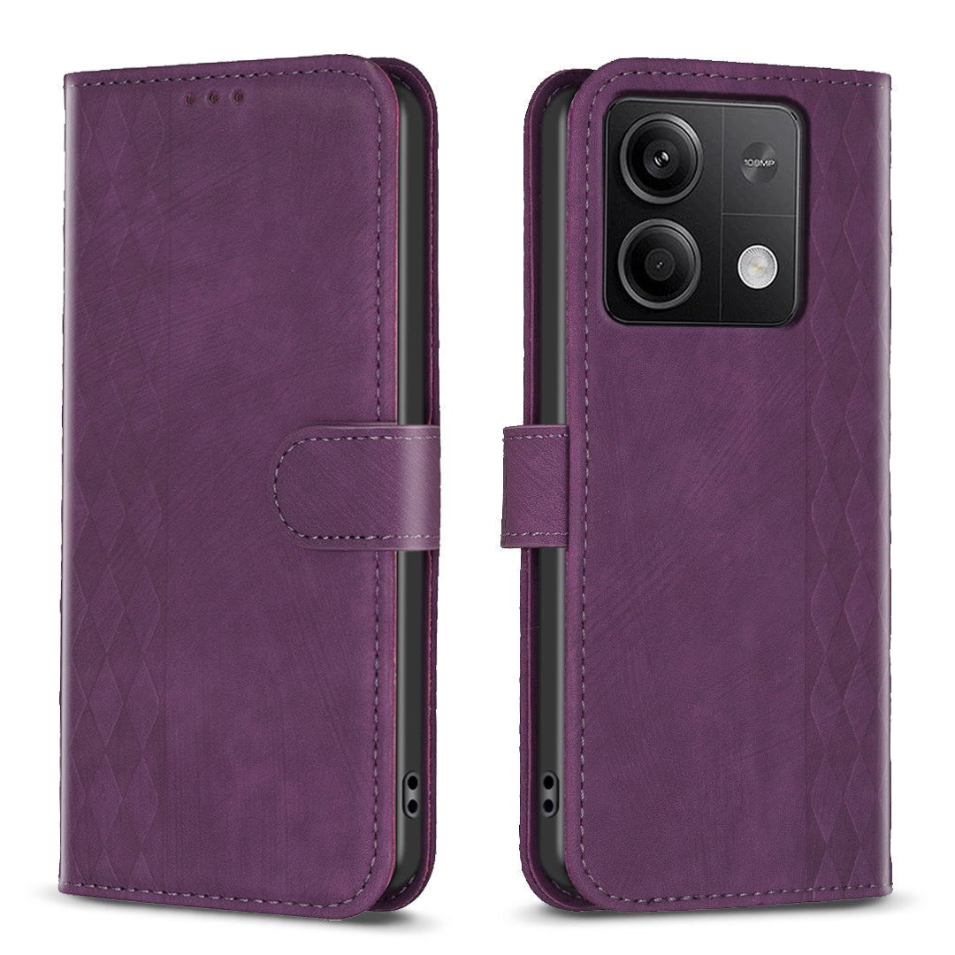 For Xiaomi Redmi Note 13 5G Leather Case Grid Pattern Folio Wallet Phone Cover - Purple