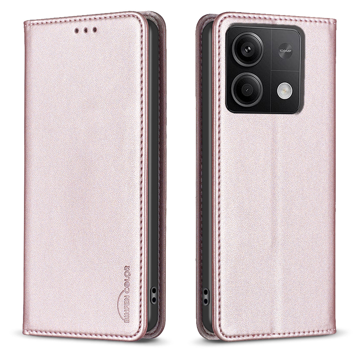 BINFEN COLOR BF18 For Xiaomi Redmi Note 13 5G Leather Cover Magnetic Closure Flip Phone Case - Rose Gold