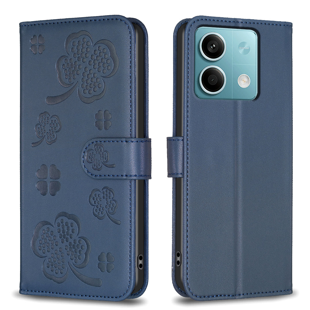 For Xiaomi Redmi Note 13 5G PU Leather Cover Four Leaf Clover Flip Wallet Phone Case - Blue