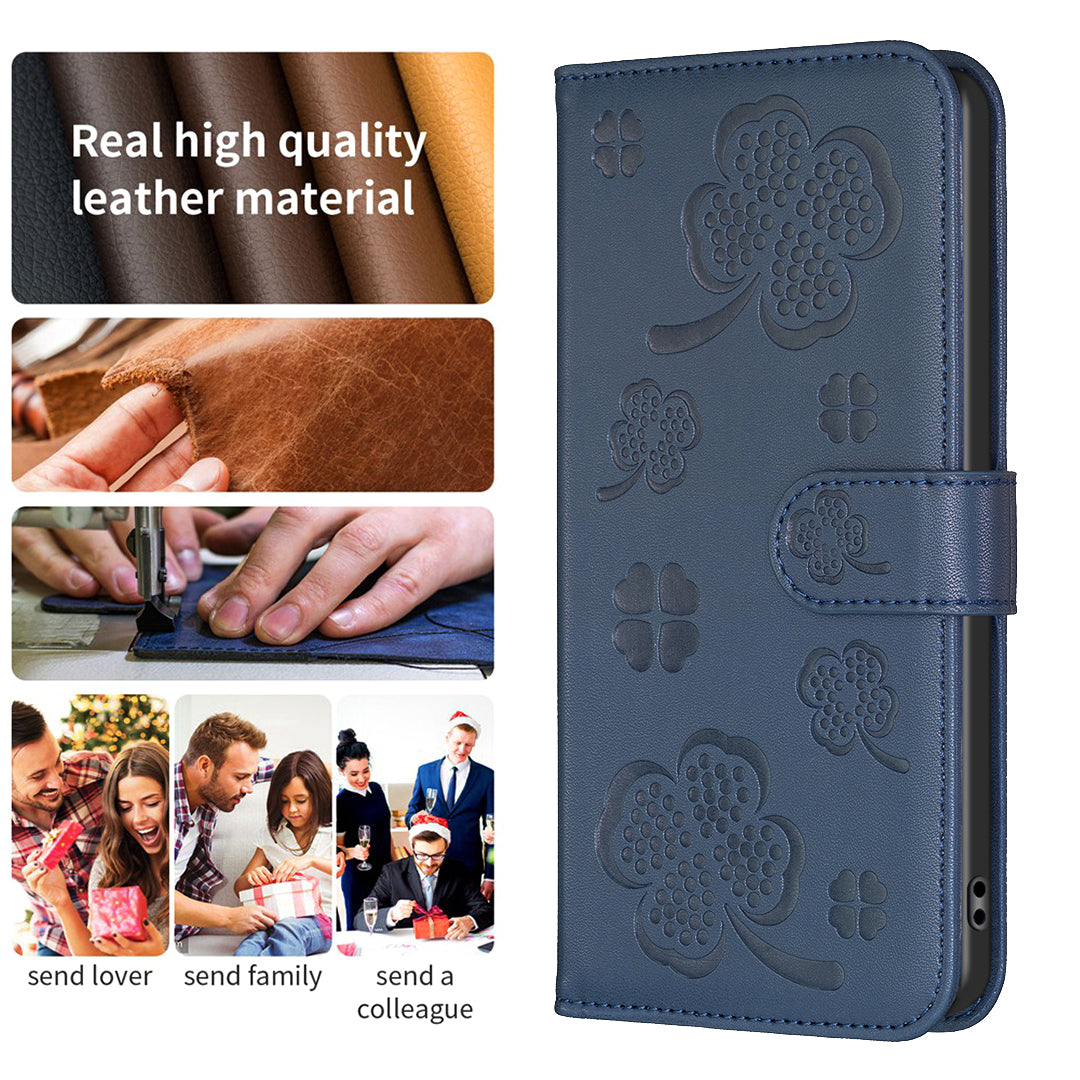 For Xiaomi Redmi Note 13 5G PU Leather Cover Four Leaf Clover Flip Wallet Phone Case - Blue
