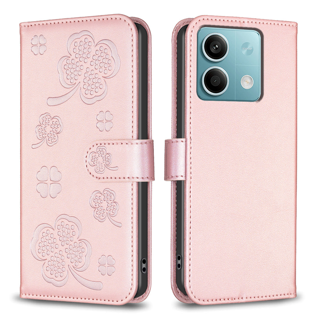 For Xiaomi Redmi Note 13 5G PU Leather Cover Four Leaf Clover Flip Wallet Phone Case - Pink