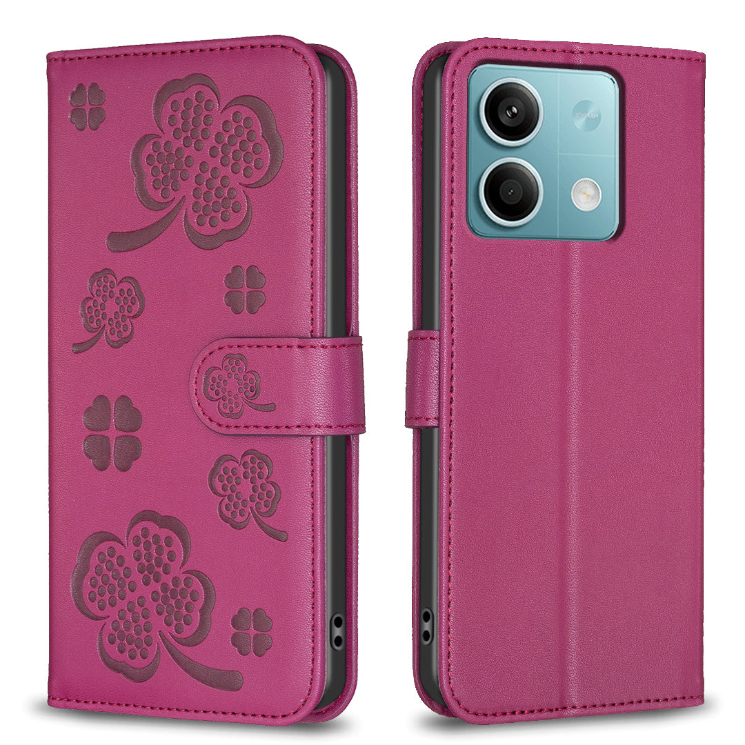 For Xiaomi Redmi Note 13 5G PU Leather Cover Four Leaf Clover Flip Wallet Phone Case - Rose
