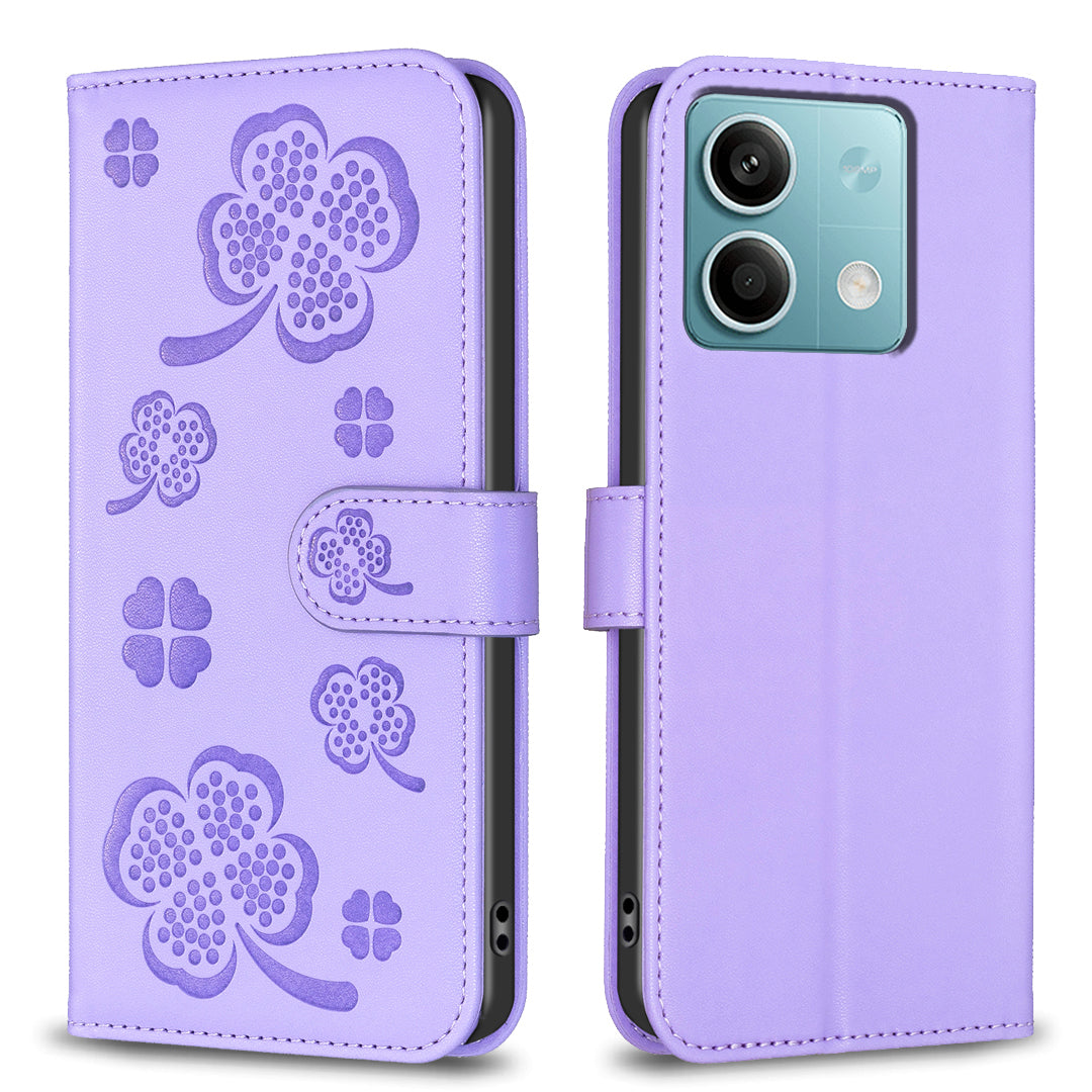 For Xiaomi Redmi Note 13 5G PU Leather Cover Four Leaf Clover Flip Wallet Phone Case - Purple