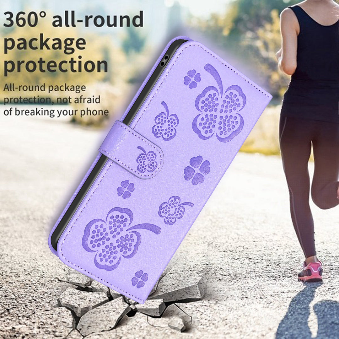 For Xiaomi Redmi Note 13 5G PU Leather Cover Four Leaf Clover Flip Wallet Phone Case - Purple