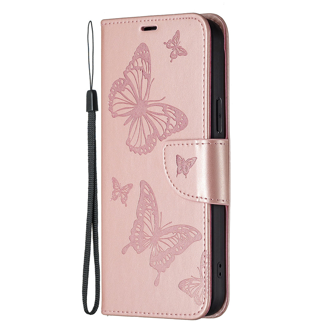 For Xiaomi Redmi Note 13 5G Leather Case Wallet Phone Cover Butterfly Pattern - Rose Gold