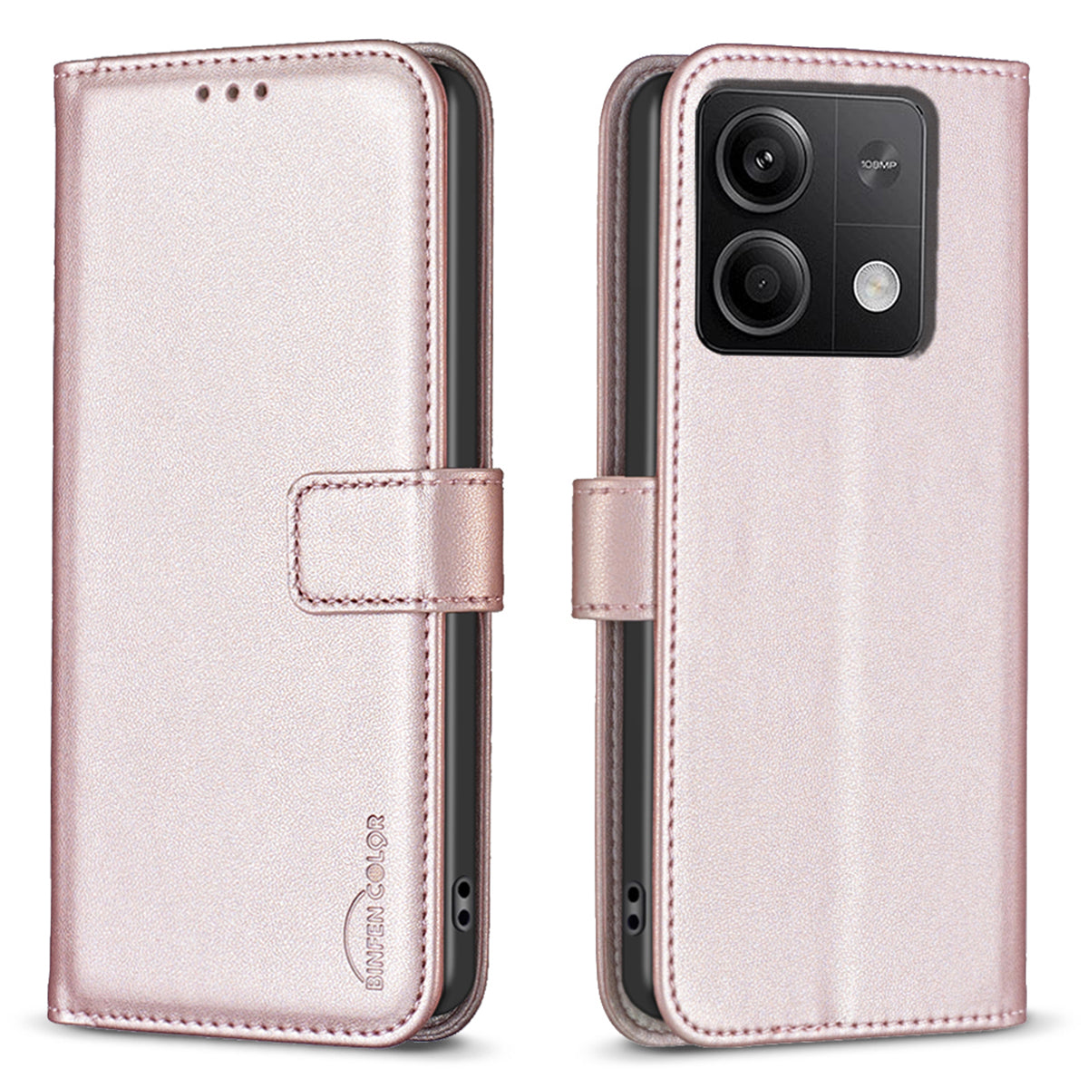 BINFEN COLOR BF17 For Xiaomi Redmi Note 13 5G Case PU Leather Phone Cover Wallet - Rose Gold