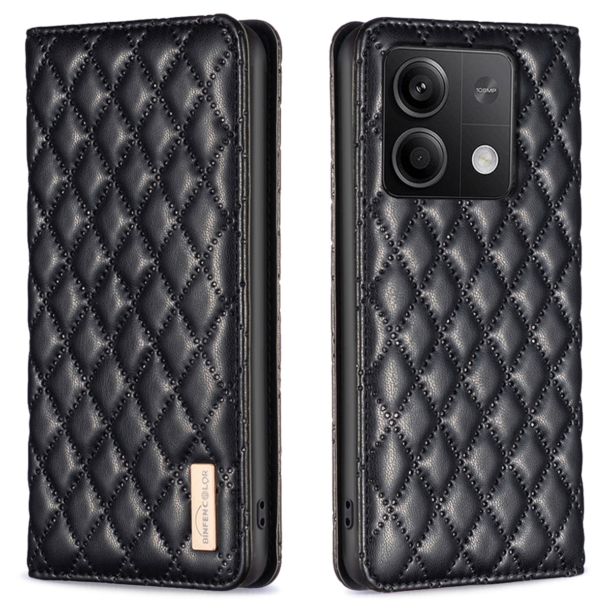 BINFEN COLOR BF Style-16 For Xiaomi Redmi Note 13 5G Case Card Holder PU Leather Phone Cover - Black