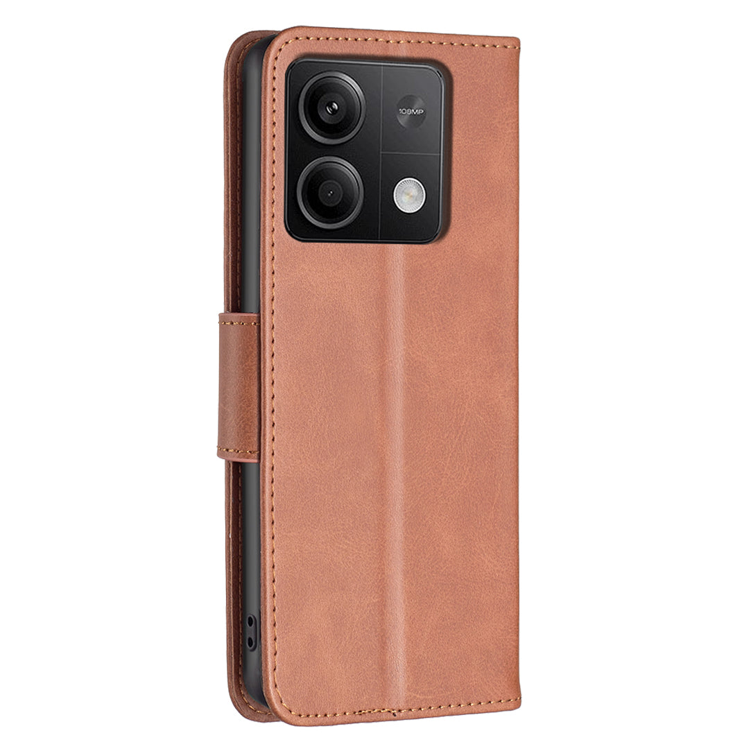 For Xiaomi Redmi Note 13 5G Leather Case Shockproof TPU Stand Solid Color Phone Cover - Brown